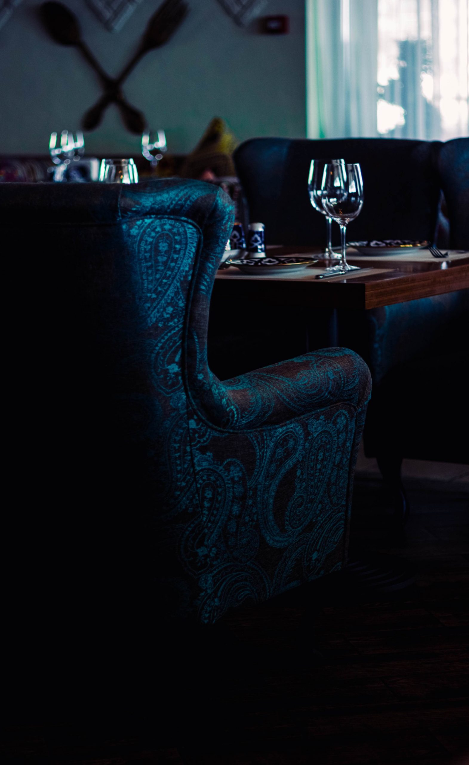 Royal Paisley Chair Near Brown Table in Restaurant